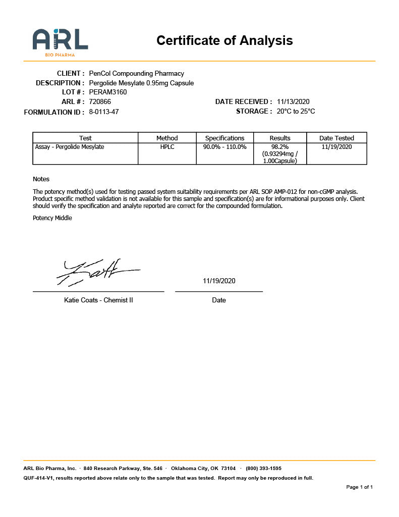 Certificate of Analysis for Pergolide 0.95mg capsules from ARL Bio Pharma showing the strength of the capsules is 0.93 mg