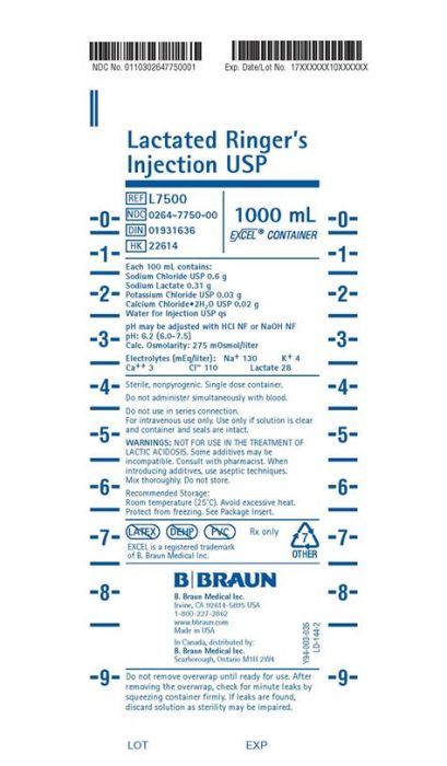 Lactated Ringers Inj USP 1 Liter Bags Braun Brand DEHP-Free Bags Case of 12 bags